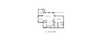 A floor plan of a one bedroom, one bathroom apartment.
