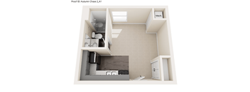 A 3D rendered image of a small apartment layout.