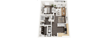 A top-down view of a modern apartment layout with a kitchen, living room, and bathroom.