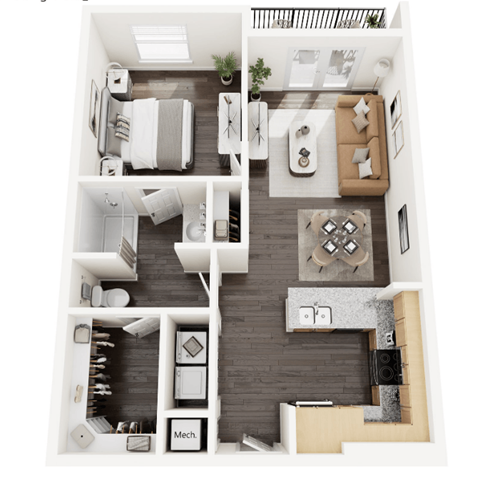 A top-down view of a modern apartment layout with a kitchen, living room, and bathroom.