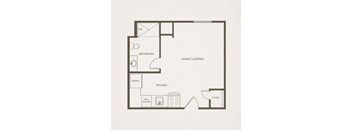 A floor plan of a small apartment with a living area, kitchen, and bathroom.