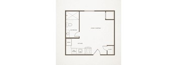 A floor plan of a small apartment with a kitchen, bathroom, and living room.