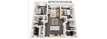 A top-down view of a modern apartment layout with a kitchen, living room, and bedrooms.