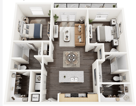 A top-down view of a modern apartment layout with a kitchen, living room, and bedrooms.