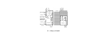 A floor plan of a two-story house with three bedrooms and two bathrooms.