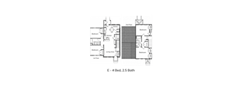 A floor plan of a two-story house with four bedrooms, a living area, a kitchen, a dining room, and a bathroom.