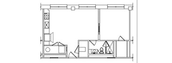 Floorplan for the 1 bedroom 1 bath layout.