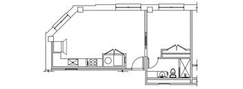 A black and white drawing of a house with a garage and a workshop.