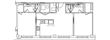 A black and white floor plan of a house with a kitchen, living room, and bathroom.