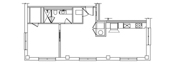 A black and white floor plan of a house with a kitchen, living room, and bathroom.