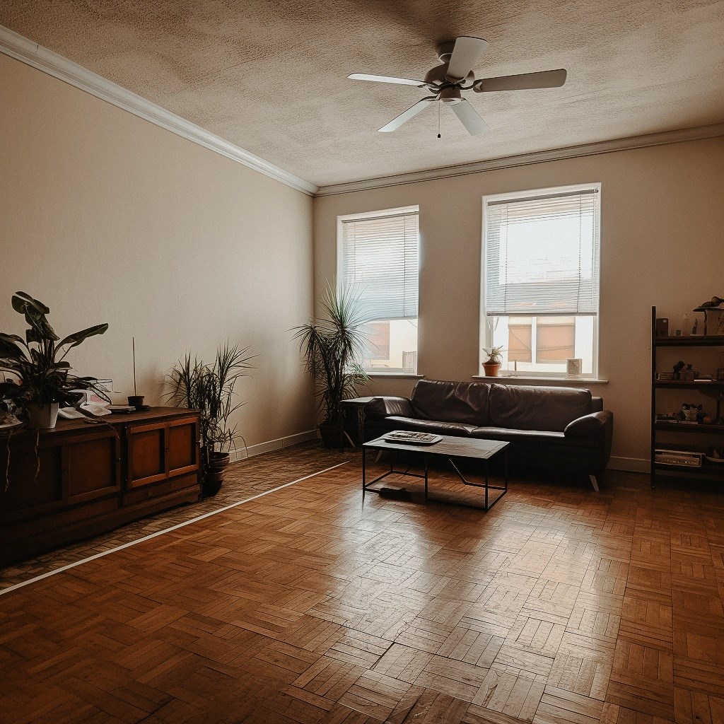 a living room with a couch coffee table and two windows