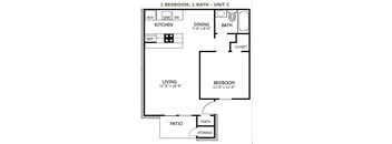 A floor plan of a one bedroom, one bath unit with a living area, kitchen, dining area, bedroom, bathroom, closet, and patio.