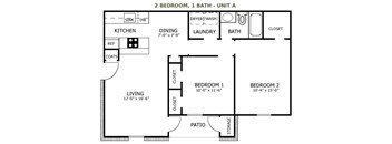 A floor plan of a 2 bedroom, 1 bath unit with a living area, kitchen, dining area, laundry, and closet.