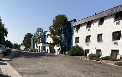 A white building with a blue stripe on the side is in the background.