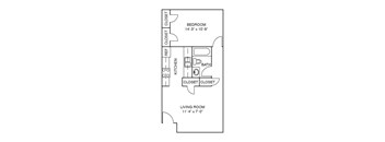 A floor plan of a small apartment with a bedroom, living room, kitchen, and bathroom.