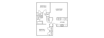 A floor plan of a small apartment with two bedrooms, a living room, a kitchen, and two closets.
