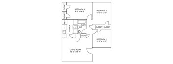 A black and white drawing of a house layout with four bedrooms and a living room.