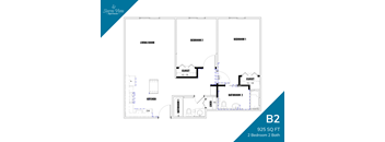 A floor plan for a 2 bedroom, 2 bathroom apartment.