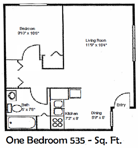 1 Bedroom Floor Plan at Townview Plaza, Denver, Colorado