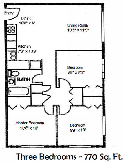 3 Bedroom Floor Plan at Townview Plaza, Denver, 80204