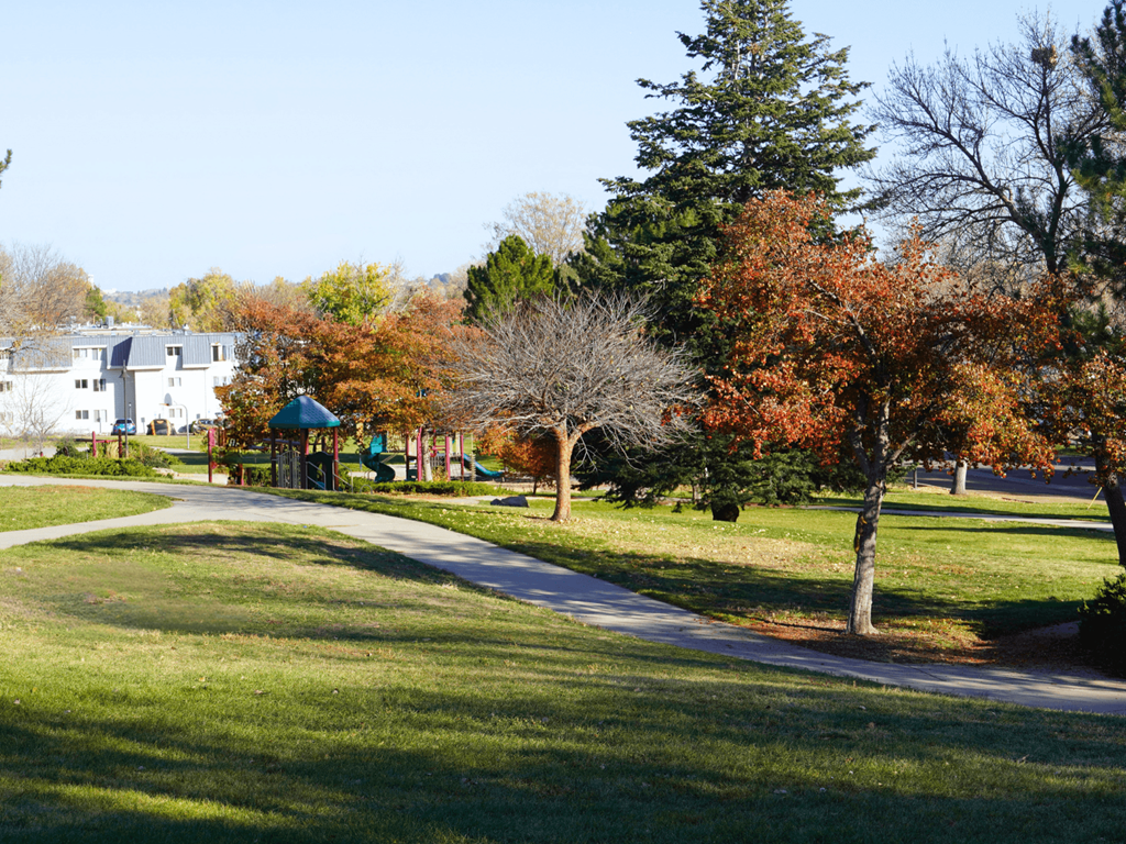 A park with a walking path and trees.