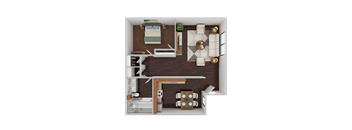 A top-down view of a small apartment with a bed, a couch, a dining table, and a kitchenette.