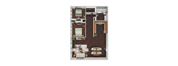 A top-down view of a house interior with a kitchen, dining area, and two bedrooms.