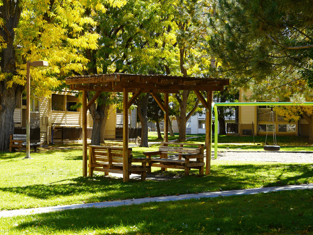 A wooden pergola with benches is situated in a grassy area with trees.