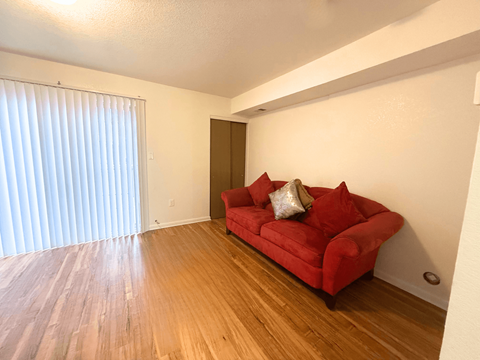A red couch with two pillows sits in a room with wooden floors and a sliding glass door.