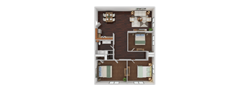 A top-down view of a small apartment with two beds, a kitchen, a living room, and a bathroom.