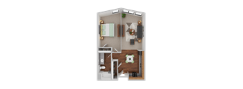 A 3D rendered image of a small apartment layout.