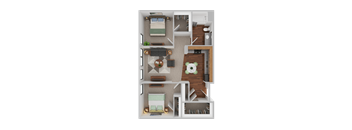 A 3D floor plan of a small apartment with a bedroom, living room, and kitchen.