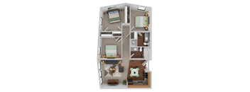 A 3D floor plan of a small apartment with two bedrooms and a living area.