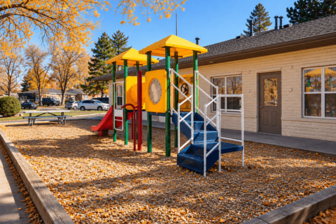A playground with a yellow and green structure and a blue slide.