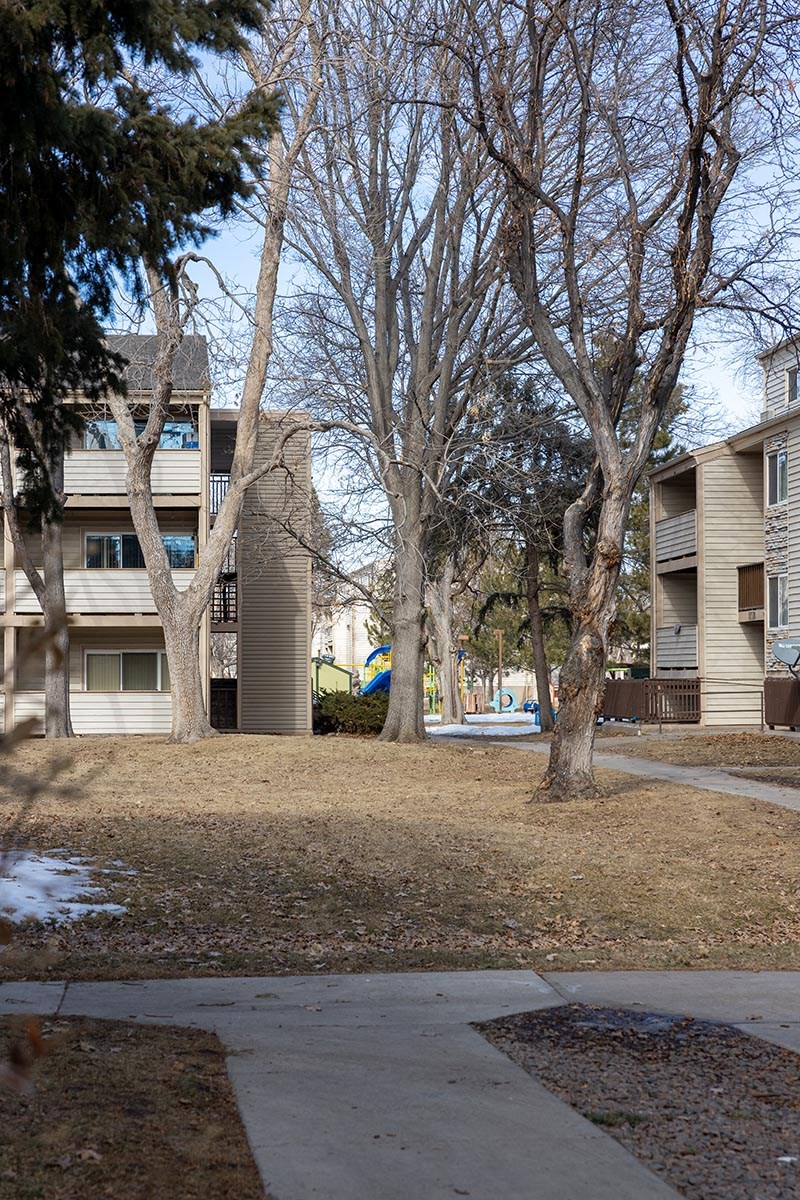 a grassy area with trees and a playground in the background at Garden Court, Denver, CO