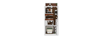 A top-down view of a small, well-organized apartment with a bedroom, living room, kitchen, and bathroom.