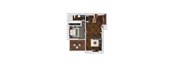 A top-down view of a small apartment with a kitchen, living room, and bathroom.