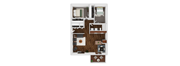 A top-down view of a small apartment with a bedroom, living room, and kitchen area.