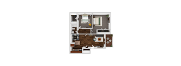 A top-down view of a small apartment with a living room, kitchen, and bedroom.