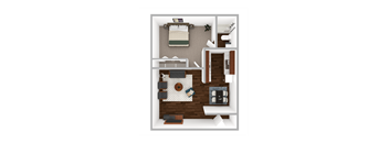 A top-down view of a bedroom with a bed, a desk, a chair, a couch, and a small table with a lamp.