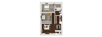 A top-down view of a small apartment with a bedroom, living room, and kitchen.