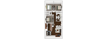 A floor plan of a house with two bedrooms, a living room, a kitchen, and a bathroom.