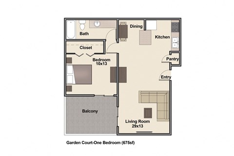 1 Bed 1 Bath Floor Plan at Garden Court, Denver, CO