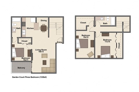 3 Bedroom 2 Bath Floor Plan at Garden Court, Colorado