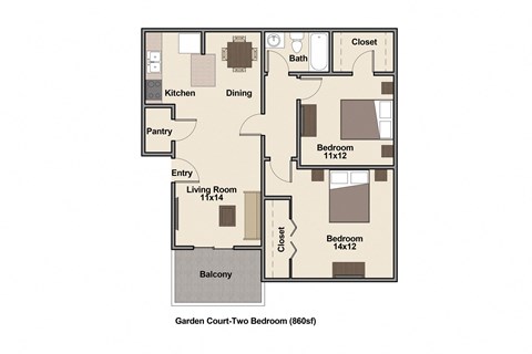 2 Bed 2 Bath Floor Plan at Garden Court, Denver, Colorado