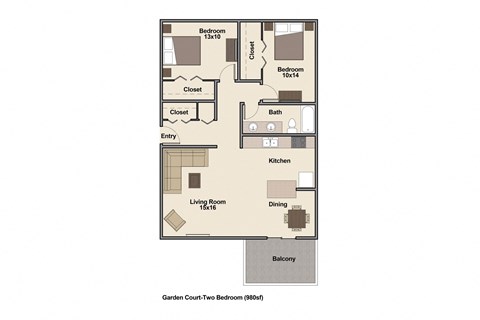 2 Bedroom 2 Bath Floor Plan at Garden Court, Denver