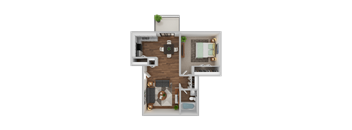 A top-down view of a house layout with a living room, dining area, kitchen, and bathroom.