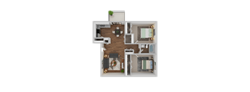 A 3D floor plan of a house with a living room, dining room, kitchen, and two bedrooms.