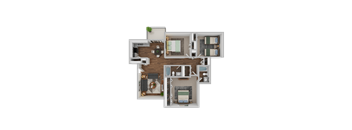 A 3D floor plan of a house with a living room, kitchen, dining room, and bedrooms.