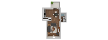 A modern, minimalist kitchen and living room are shown in this image.